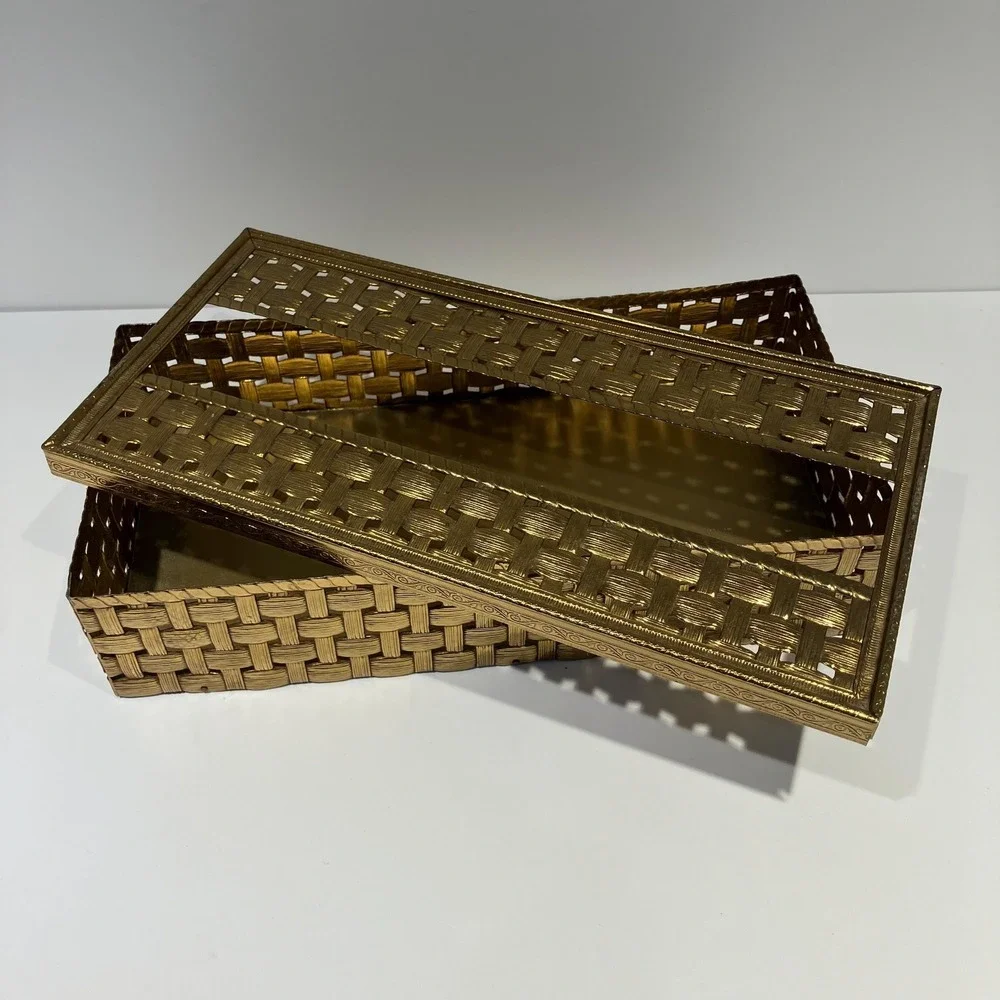 Vtg Gold Tone Metal Rectangular Tissue Box 2 Pc-Vanity Decor-Hollywood Regency